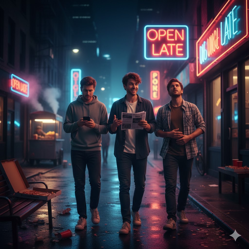 Late-night street image with neon lights